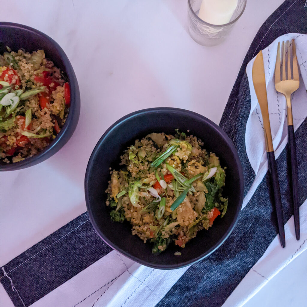 Shaved miso Butter Brussel sprouts with quinoa