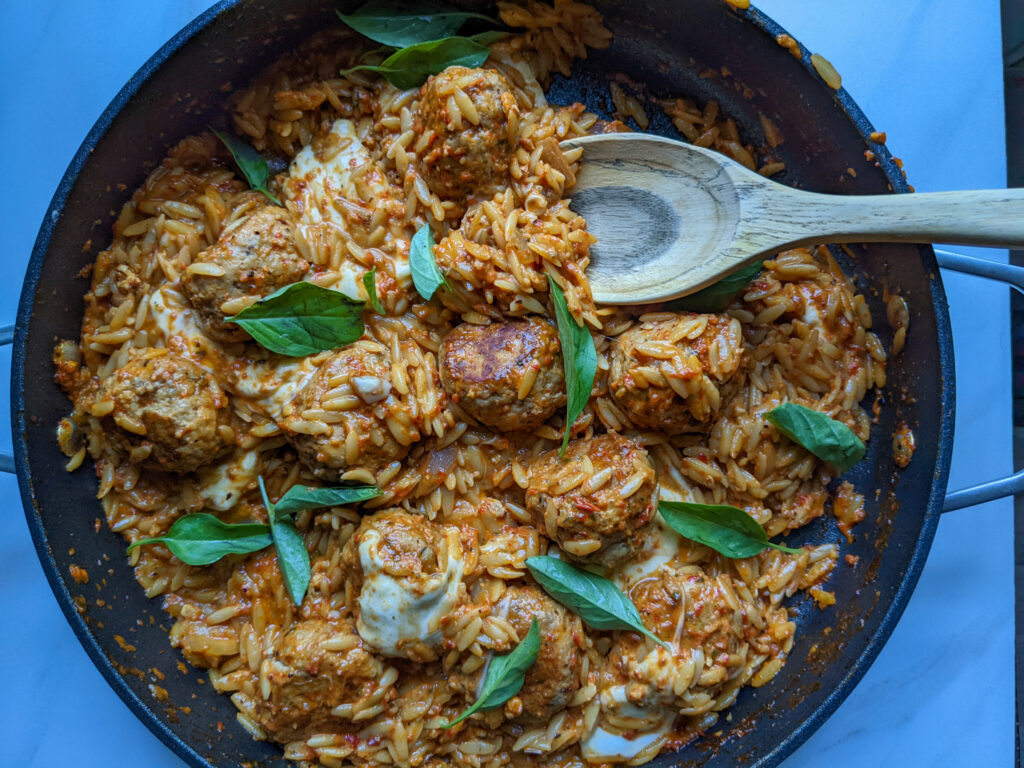 over head chicken and orzo pasta 