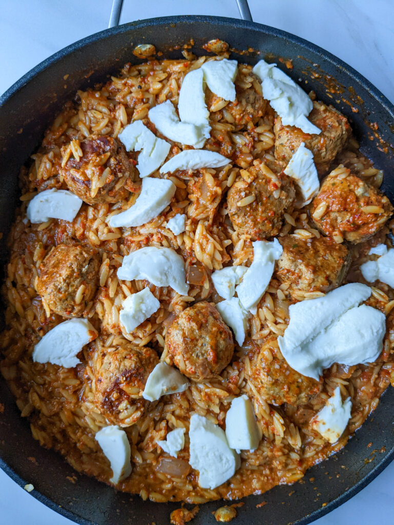 chicken meatballs with orzo and red pepper sauce