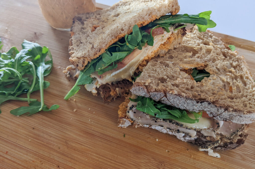 turkey and brie sandwich with red pepper aioli 