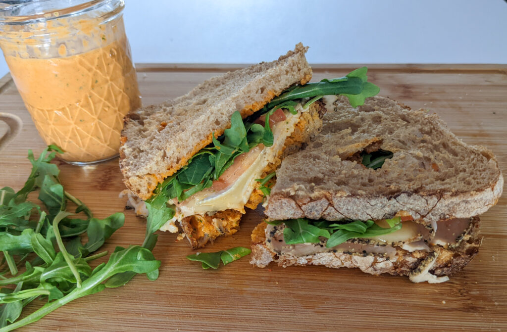 warm turkey and brie sandwich with red pepper aioli