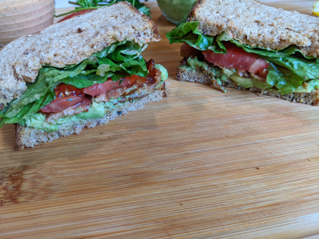 BLT with avocado and red pepper mayo