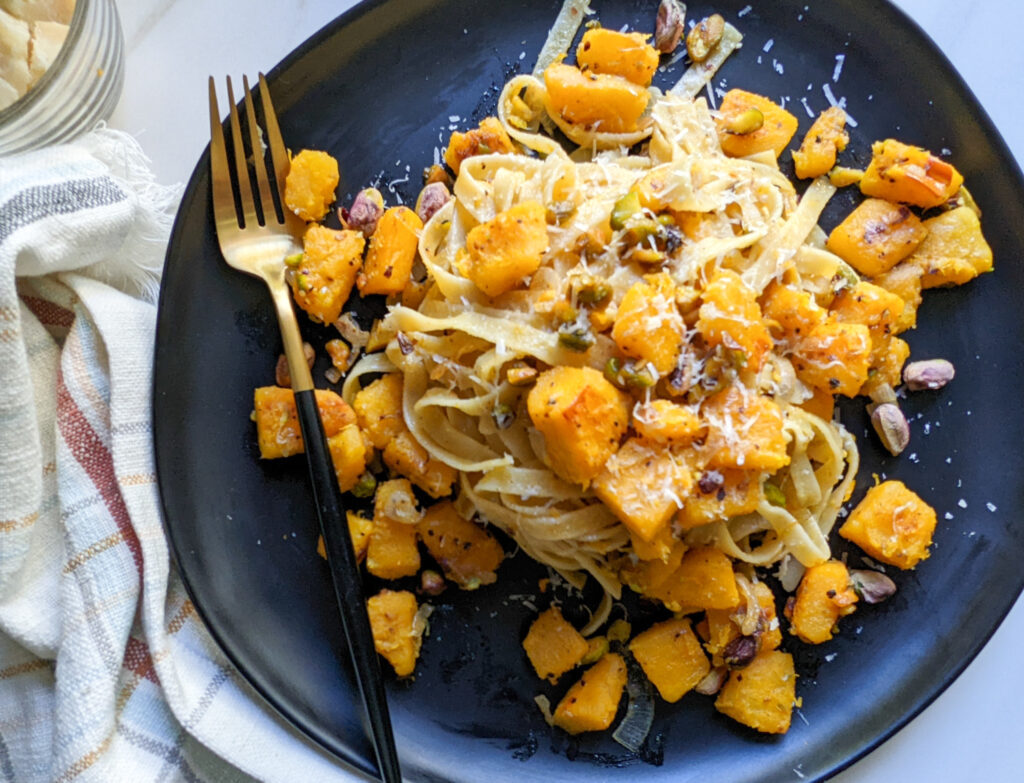 Pumpkin and Pistachio Pasta in browned butter 