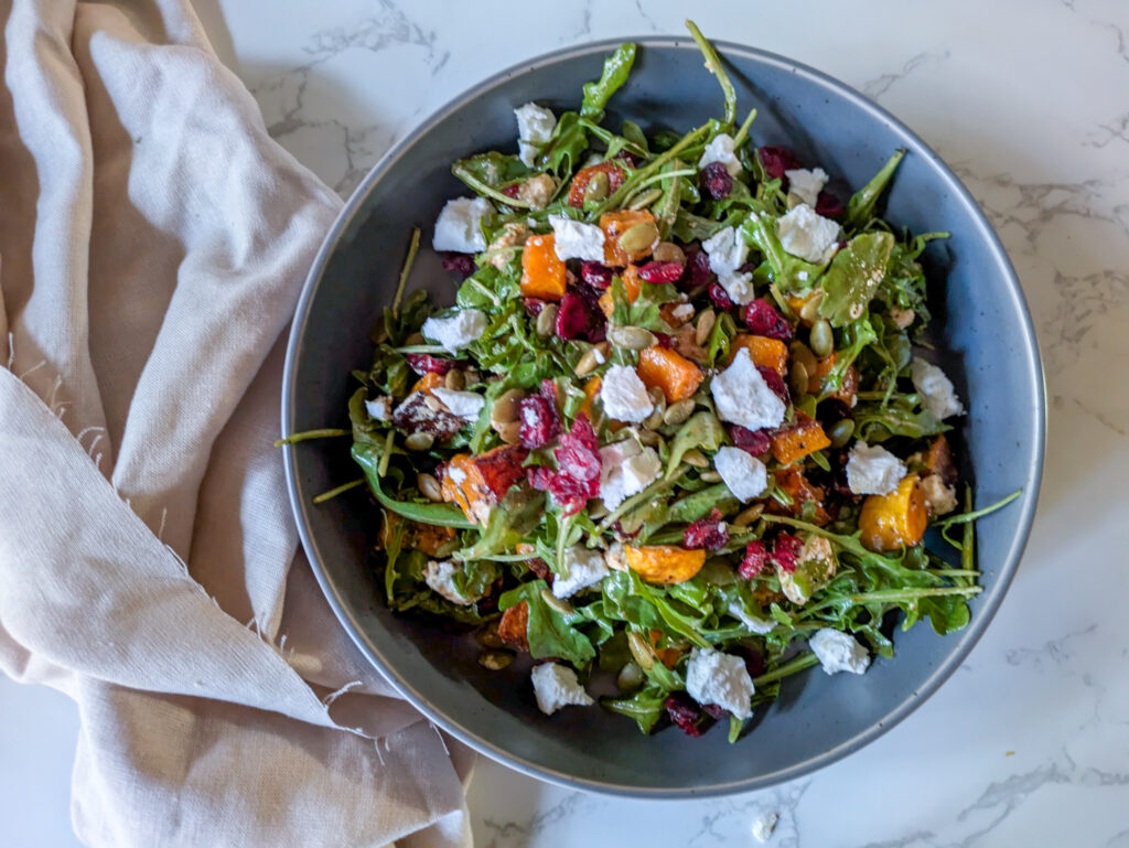 Roasted butternut squash and goat cheese salad