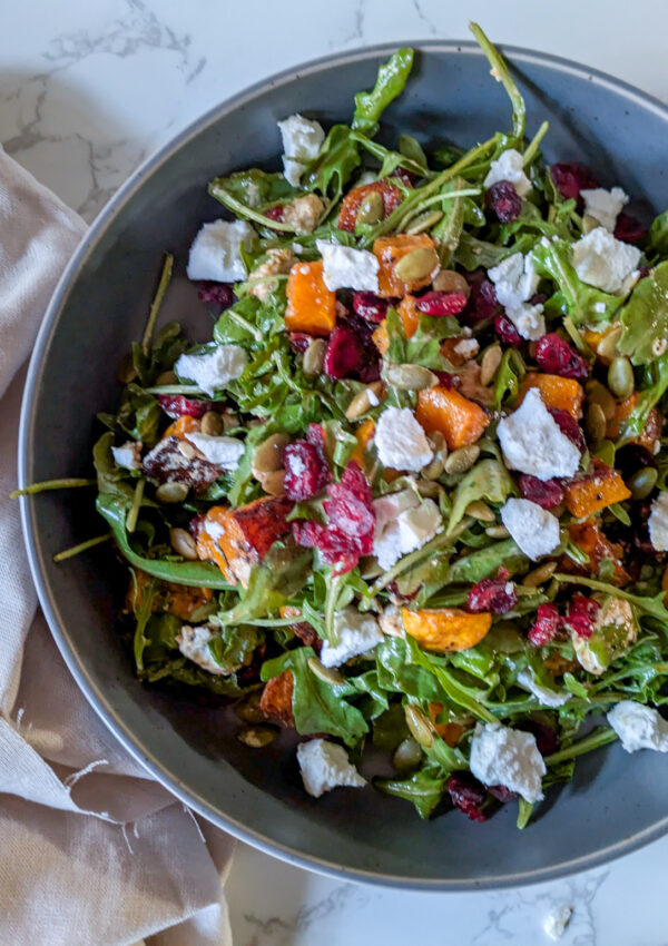 Roasted butternut squash and goat cheese salad