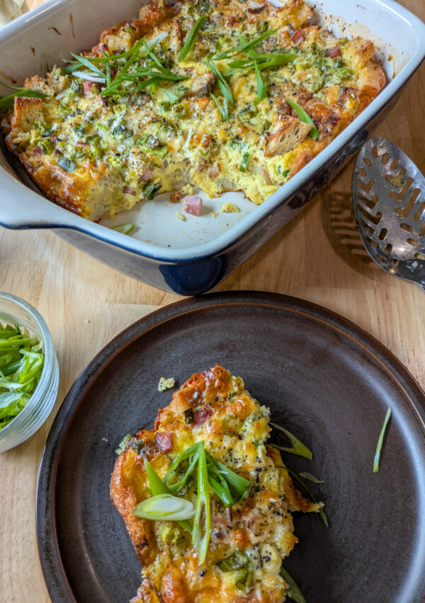 Ham and cheddar sourdough strata bake