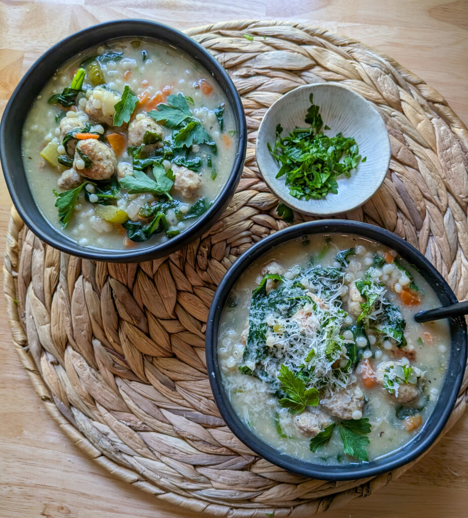Homemade Italian wedding soup with pork meatballs