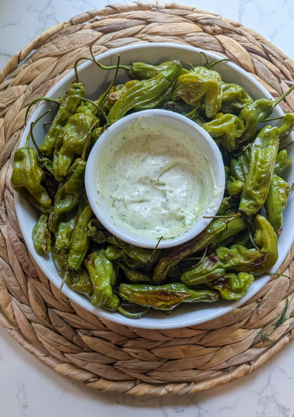 Roasted Shishito Peppers with Cilantro Garlic Aioli Dip